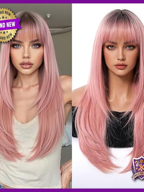 Long Straight Layered Human Hair Wig with Bangs Lightweight Breathable Cap